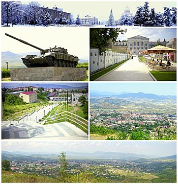From top left: Panoramic view of the Renaissance SquareT-72 tank memorial of Karabakh War • Artsakh University Downtown Stepanakert • Stepanakert skyline Panoramic view of Stepanakert