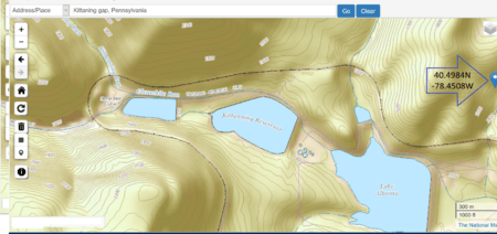 USGS National Map viewer after GNIS finding Kittaning Gap, Pennsylbania near Altoona, PA and showing the PRR Horseshoe Curve