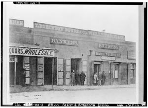 Wells Fargo and Co. Express Banking House and T. Robinson Bours and Co., built 1853. Taken ca. 1860 - Stockton, Historic View, Stockton, San Joaquin County, CA HABS CAL,39-STOCK,29-3