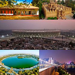 Clockwise from top left: Sabarmati Ashram, Hutheesing Temple, Motera Stadium, Sabarmati Riverfront, Kankaria Lake