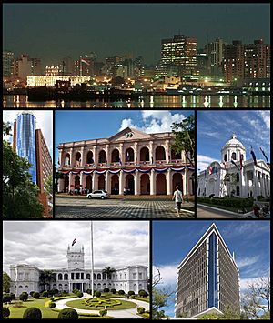 From the top to bottom, left to right: skyline of the city from the Paraguay River, Citibank Tower, the Cabildo of Asunción, the National Pantheon of the Heroes, Palacio de los López, Hotel Guaraní