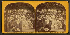Centennial celebration, Buxton, Maine. Clearing the tables, com. of arrangement and ladies at work, Aug. 14, 1872, by Towle, S. (Simon)