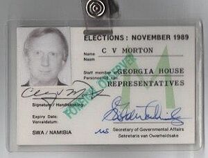 Foreign Observer identification badge in the 1989 Namibian election
