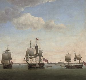Francis Holman, Commodore James in the Protector, with the Revenge and the grab Bombay in the bay off the Suvarnadrug fort at Gheriah, India, April 1755 (18th century).jpg