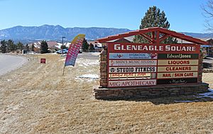 The Gleneagle Square shopping center in Gleneagle, looking across at the Rampart Range