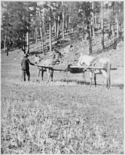 Horse drawn stretcher carrying a wounded man from the Battle of Slim Buttes, Dak. Terr. By Morrow, 1876 - NARA - 530894