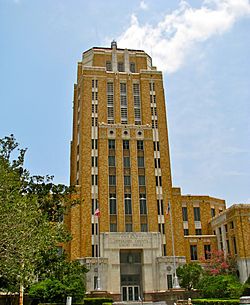 The Jefferson County Courthouse in Beaumont. The Art Deco-style building was added to the National Register of Historic Places on June 17, 1982. The top five floors once served as the County Jail.
