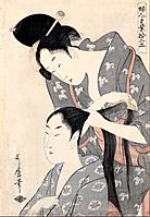 Kitagawa Utamaro - Hairdresser (Kamiyui) - from the series 'Twelve types of women's handicraft (Fujin tewaza juniko)' - Google Art Project