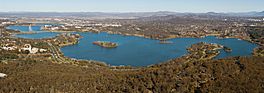 Panorama of Lake Burley Griffin from high elevation