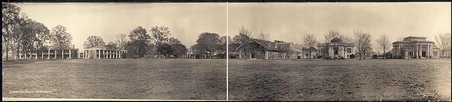 The Pentagon Barracks (left) in 1909 in a panorama of what was then the campus of Louisiana State University