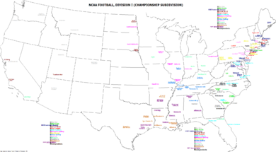 Map of National Collegiate Athletic Association Football Championship Division I-AA schools