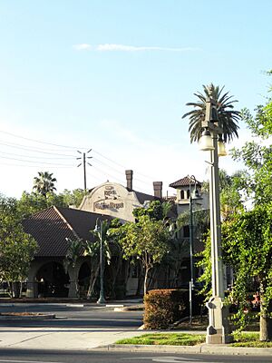 North face of RR Depot, erected 1904 sign, also note street lights special to the down town Riverside area with a connection to Mission Inn