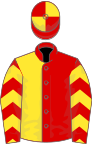 Red and yellow halved, chevrons on sleeves, quartered cap