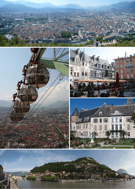From upper left:  Panorama of the city, Grenoble’s cable cars, place Saint-André, jardin de ville, banks of the Isère river