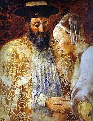 Piero della Francesca- Legend of the True Cross - the Queen of Sheba Meeting with Solomon; detail