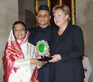 Pratibha Devisingh Patil confers Jawaharlal Nehru Award for International Understanding for the year 2009 to the German Chancellor, Ms. Angela Merkel, at Rashtrapati Bhavan, in New Delhi. The President
