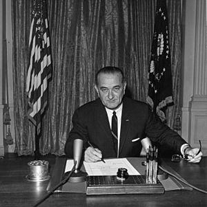 President Lyndon B. Johnson signs Gulf of Tonkin resolution - NARA - 192484
