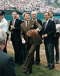 Ronald Reagan throws out the opening pitch at a Baltimore Orioles baseball game