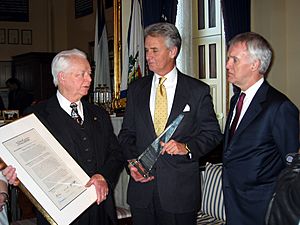 Senator Robert Byrd receives an award from former Governor Gaston Caperton and former Senator Bob Kerrey involved in the National Writing Project