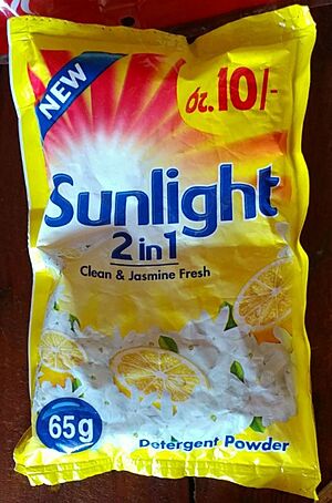 Single-use sachet of laundry detergent from Sri Lanka