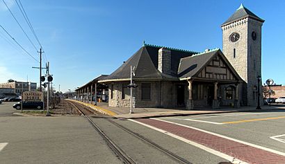 Stoughton station from crosswalk, April 2016.jpg
