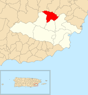 Location of Tejas within the municipality of Yabucoa shown in red