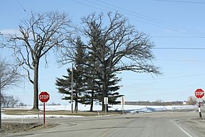 The intersection of County D and B in rural town of Farmington during winter