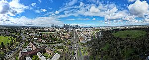 Aerial panorama of Melbourne's skyline from Carlton North. September 2023