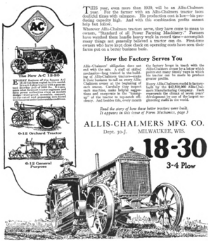 Allis-Chalmers tractor advert in Farm Mechanics May 1921 v5 n1 p75