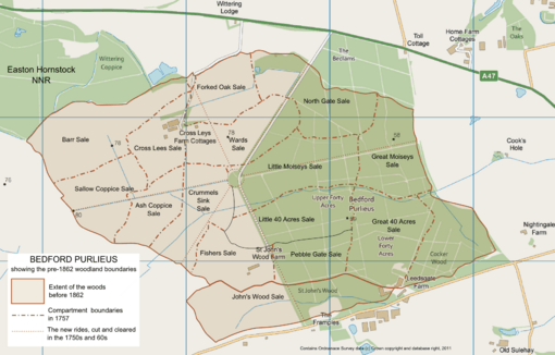 Bedford Purlieus map showing former woodland