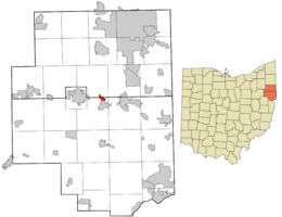 Location of Washingtonville in Columbiana and Mahoning counties, Ohio.
