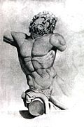 Monochrome sketch of a sculpture of a bearded ... man. The sculpture's right extremities and left arm are truncated, its left thigh fades out of the image frame. A serpentine shape covers the figure's pubic area and right thigh. The man's body faces the looker and his gaze stars up.