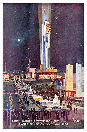 Empire Exhibition 1938 at night - postcard in colour lightened