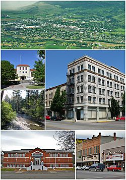 Clockwise: Aerial view of the city; the Foley Building; the Granada theater; Carnegie Library; Catherine Creek; Eastern Oregon University Pierce Library