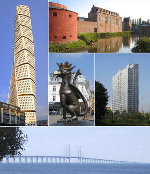 From top left to right: Turning Torso, Malmö Castle, Griffin Sculpture, Kronprinsen and the Øresund Bridge.