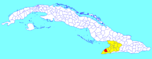Media Luna municipality (red) within  Granma Province (yellow) and Cuba