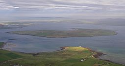 An aerial view of Graemsay, from above Hoy
