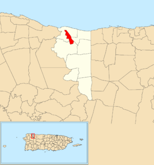 Location of Quebradillas barrio-pueblo within the municipality of Quebradillas shown in red