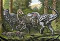 Scaly Tarbosaurus attacking Deinocheirus
