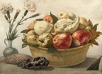 Still Life with Basket of Fruit, Vase with Carnations, and Shells on a Table