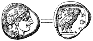Tetradrachma från Aten (omkr 490 fKr, ur Nordisk familjebok)