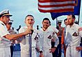 The crew of Apollo 8 addresses the crew of the USS Yorktown after a successful splashdown and recovery