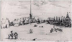 View of the southern part of Lokeren Market, towards the church. Drawing made in 1677