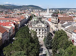 View of Hlavná ulica (Main Street) from St. Elisabeth Cathedral, with the State Theatre Košice building in the center