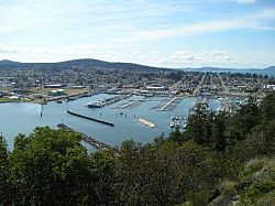 View of the downtown and marina of Anacortes from the east