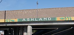 Ashland community marker painted on I-238 overpass at Mission Blvd