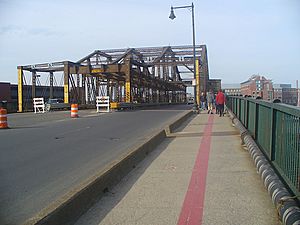 Charlestown Bridge, looking north. The red line on the pavement indicates the Freedom Trail.