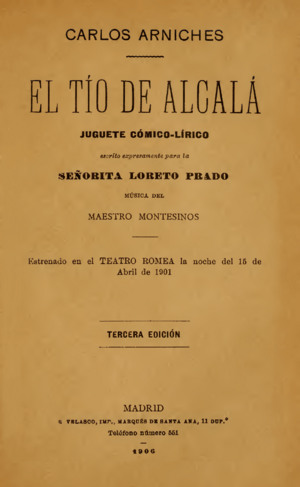 El tío de Alcalá (1906) zarzuela, portada