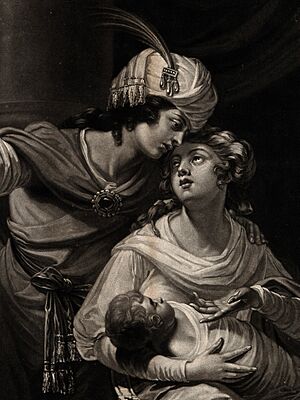 Elkanah and Hannah discuss the weaning of Samuel. Mezzotint Wellcome V0034394 (cropped).jpg