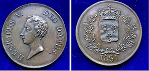 France Pretender Bronze Coin 5 Fr 1831 Henri V